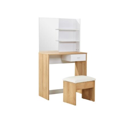 Bianca Mirrored Dressing Table W/ Stool - Oak & White