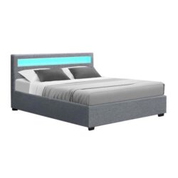 Cole LED Bed Frame Fabric Gas Lift Storage - Grey Queen