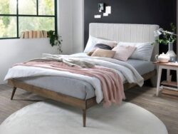 Franki 2PCE Double Headboard and Bed Base Bundle | Walnut & Beige Fabric | Shop Online or Instore | B2C Furniture