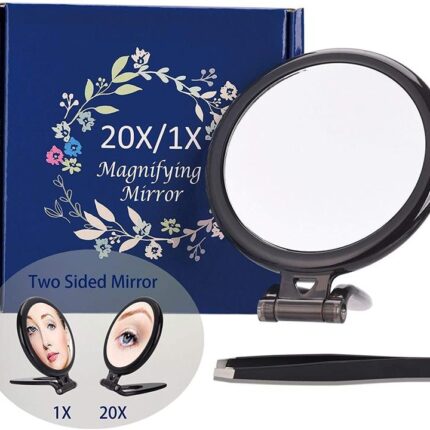 20X Magnifying Hand Mirror Two Sided Use for Makeup Application, Tweezing, and Blackhead/Blemish Removal (10 cm Black)
