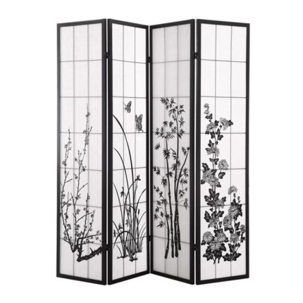 4 Panel Room Divider Screen Door Stand Privacy Fringe Wood Fold Blossom