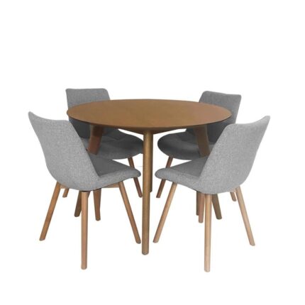 5Pc Dining Set Alexandria Round Dining Table 110cm W/ 4Pc Mali Fabric Dining Chairs Grey