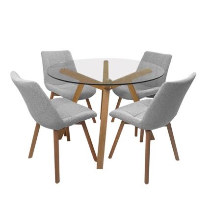5Pc Dining Set Finland Glass Dining Table 110cm W/ 4 Pc Mali Fabric Dining Chairs Grey