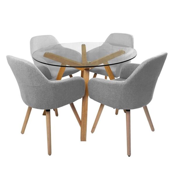 5Pc Dining Set Finland Glass Dining Table 110cm W/ 4Pc Milan Fabric Dining Chairs Grey