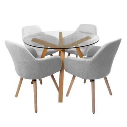 5Pc Dining Set Finland Glass Dining Table 110cm W/ 4Pc Milan Fabric Dining Chairs Light Grey