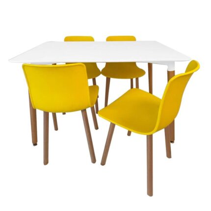 5Pc Dining Set Heme Dining Table 120cm White W/ 4Pc Dining Chair Yellow