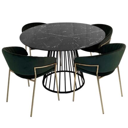 5Pc Dining Set Liverpool Dining Table 110cm Black W/ 4 Lex Velvet Dining Chair Brass Leg Green