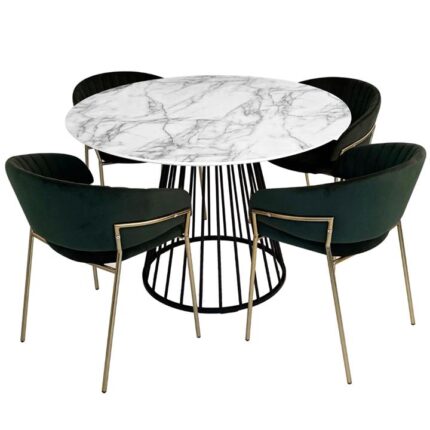 5Pc Dining Set Liverpool Dining Table 110cm White W/ 4 Lex Velvet Dining Chair Brass Leg Green