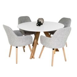 5Pc Dining Set Morrison Round Dining Table 120cm W/ 4 Pc Milan Fabric Dining Chairs Light Grey