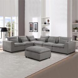 6 Seater Cloud Sectional Sofa in Belfast Fabric Grey Living Room Couch with Ottoman