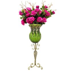85cm Green Glass Tall Floor Vase and 12pcs Dark Pink Artificial Fake Flower Set