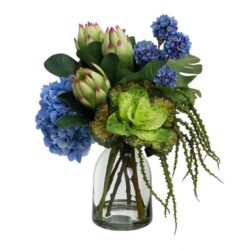 Blue Hydrangea & Protea Mixed Arrangement Artificial Plants 45cm In Glass Blue