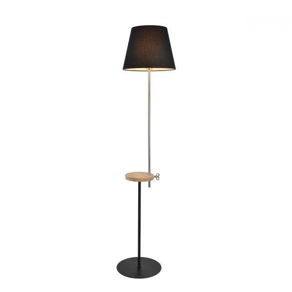 Cris Height Adjustable Standing Floor Lamp W/ Wooden Table- Satin Chrome / Black