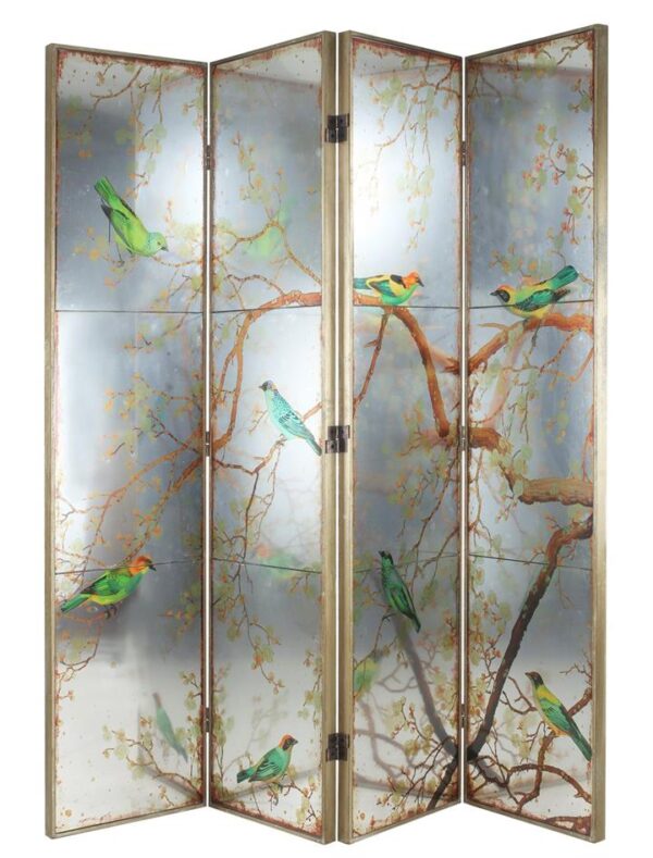 Exotic Oriental Melodies Mirror Bird 4 Panels Room Divider Dressing Screen