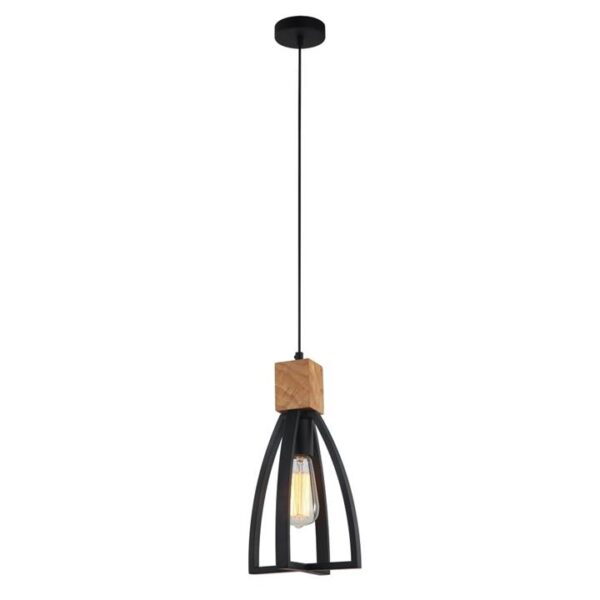 Faye Contemporary Pendant Lamp Light Interior ES Matte Black Convex Cone with Wood Highlight