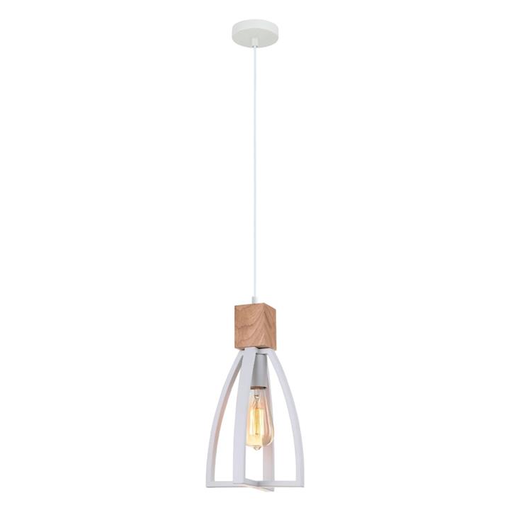 Faye Contemporary Pendant Lamp Light Interior ES Matte White Convex Cone with Wood Highlight