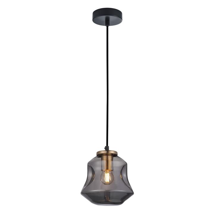 Feliz Modern Contemporary Pendant Lamp Light Interior ES Smoke Glass Angled Bell With Antique Brass Highlight