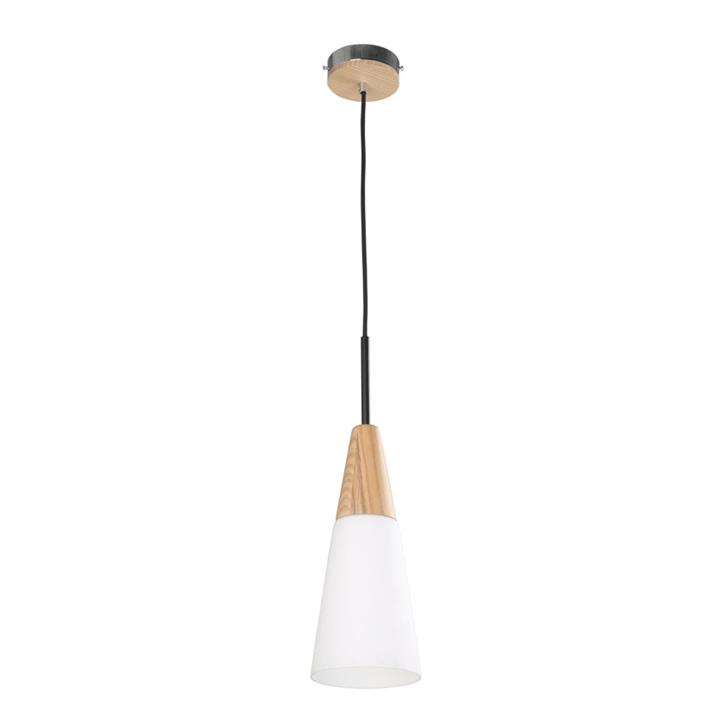 Flynn Contemporary Pendant Lamp Light Interior ES Opal Glass Long Cone With Wood Highlight