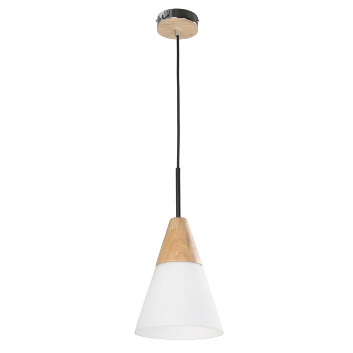 Flynn Contemporary Pendant Lamp Light Interior ES Opal Glass Medium Cone with Wood Highlight