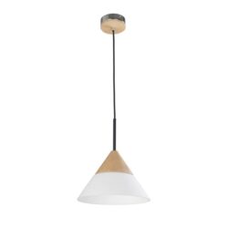 Flynn Contemporary Pendant Lamp Light Interior ES Opal Glass Small Cone with Wood Highlight