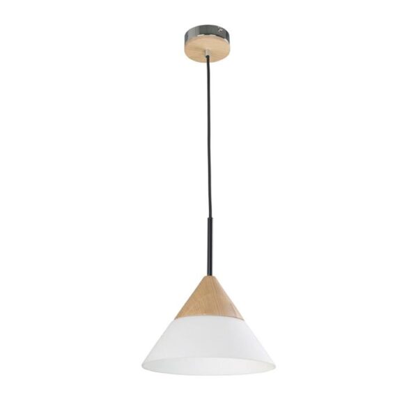 Flynn Contemporary Pendant Lamp Light Interior ES Opal Glass Small Cone with Wood Highlight