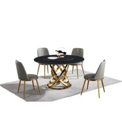 Hayes Luxurious Sintered Stone Round Dining Table 150cm W/ Lazy Susan - Black & Gold