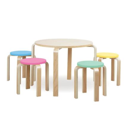Home Master 5PCE Kids Wooden Table & Coloured Stools Set Stackable Sturdy