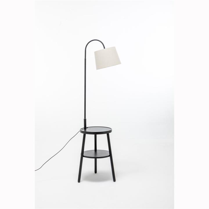 Kamala Rubberwood 2-Round Shelves Floor Lamp Linen Shade W/ USB Port & Wireless Charging - Off White/Black