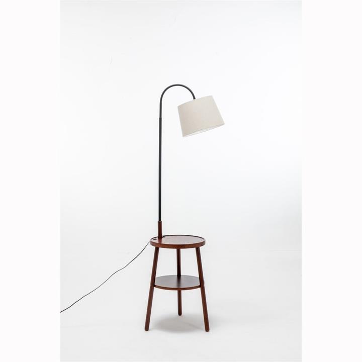 Kamala Rubberwood 2-Round Shelves Floor Lamp Linen Shade W/ USB Port & Wireless Charging - Off White/Cherry