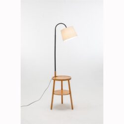 Kamala Rubberwood 2-Round Shelves Floor Lamp Linen Shade W/ USB Port & Wireless Charging - Off White/Natural
