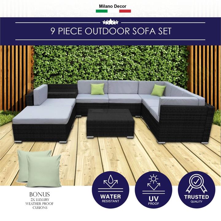 Milano Outdoor 9 Piece Rattan Sofa Set - Black Coating & Grey Seats (6 Boxes)