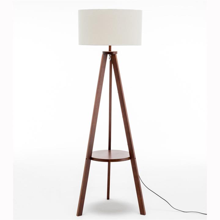 Miya Rubberwood Tripod Floor Lamp W/ Round Shelf Linen Shade - Off White/Cherry