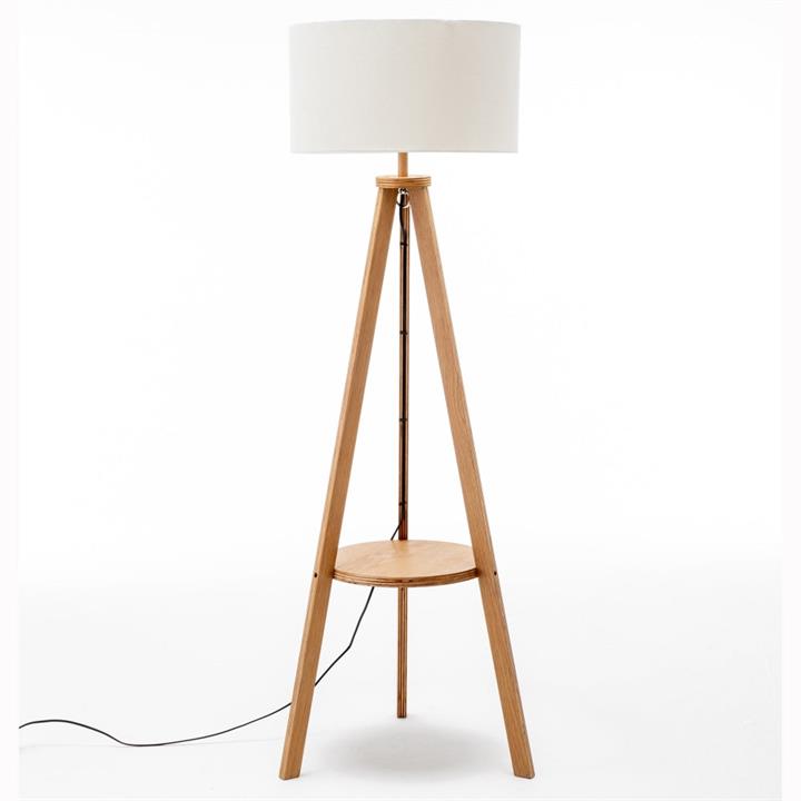 Miya Rubberwood Tripod Floor Lamp W/ Round Shelf Linen Shade - Off White/Natural