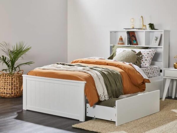 Myer Hardwood White Kids King Single Bed with Storage & Bookshelf | Shop Online or Instore | B2C Furniture