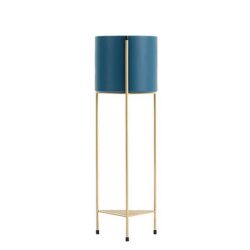 NNEAGS 2 Layer 65cm Gold Metal Plant Stand with Blue Flower Pot Holder Corner Shelving Rack Indoor Display