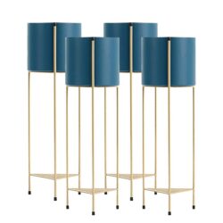 NNEAGS 4X 2 Layer 81cm Gold Metal Plant Stand with Blue Flower Pot Holder Corner Shelving Rack Indoor Display
