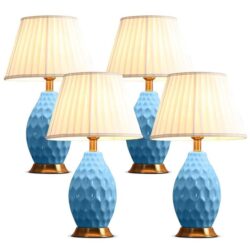 NNEAGS 4X Textured Ceramic Oval Table Lamp with Gold Metal Base Blue
