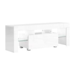 NNEDSZ 130cm RGB LED TV Stand Cabinet Entertainment Unit Gloss Furniture Drawer Tempered Glass Shelf White