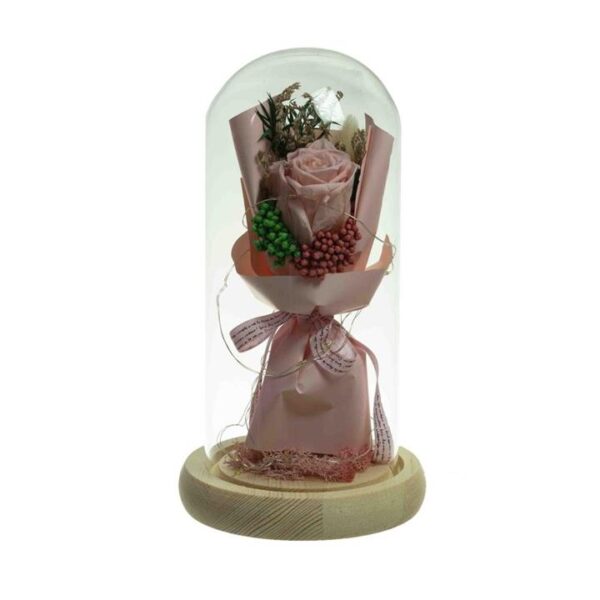 Pink Floral Artificial Fake Plant Decorative 21cm In Glass Dome