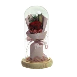 Red Floral Artificial Fake Plant Decorative 21cm In Glass Dome