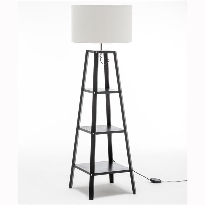 Ren Rubberwood Floor Lamp W/ 3 Square Shelves Linen Shade - Off White/Matte Black