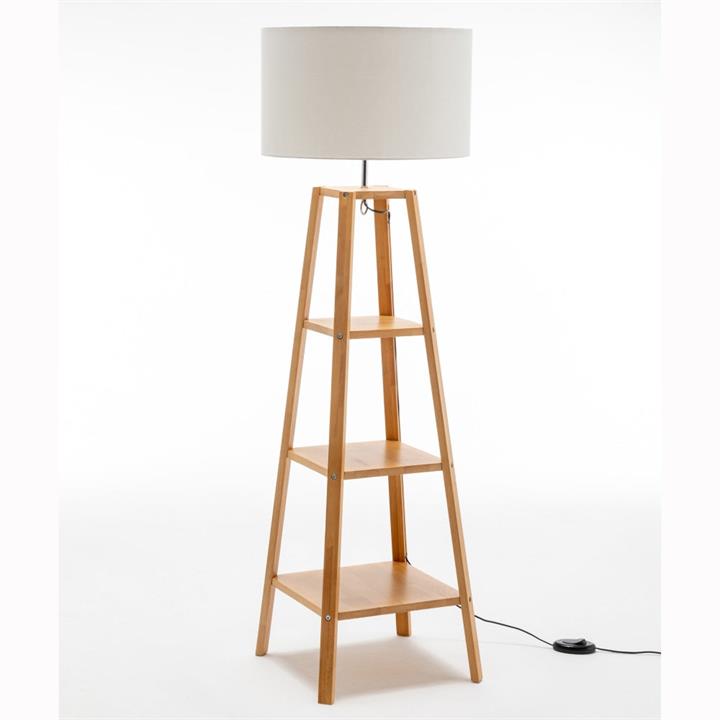 Ren Rubberwood Floor Lamp W/ 3 Square Shelves Linen Shade - Off White/Natural