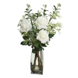 Rose Arrangement Artificial Fake Plant Decorative 70cm In Glass - White