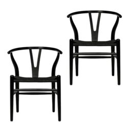 Set of 2 - Hans Wegner Replica Wishbone Cord Dining Chair - Black Seat - Black