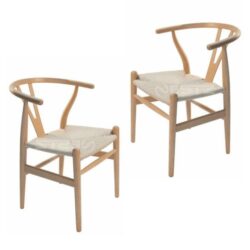 Set of 2 - Hans Wegner Replica Wishbone Cord Dining Chair - Natural Beech