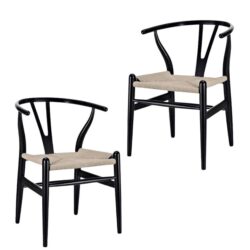 Set of 2 - Hans Wegner Replica Wishbone Cord Dining Chair - Natural Seat - Black