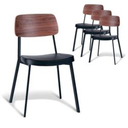 Set of 4 - Enfys Industrial Dining Chair - Black Frame - Walnut Back - Black Cushion Seat