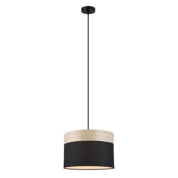 Tammy Classic Pendant Lamp Light Interior ES Black Cloth Medium Round with Wood Highlight