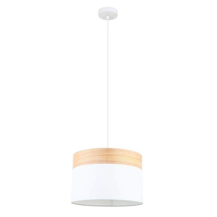 Tammy Classic Pendant Lamp Light Interior ES White Cloth Medium Round with Wood Highlight