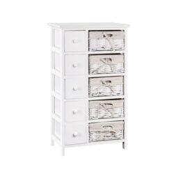 White Tall-boy Storage Chest with Drawers and Wicker Baskets